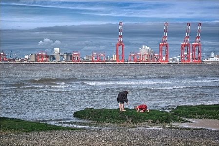 Boys exploring rock pools on the Mersey foreshore