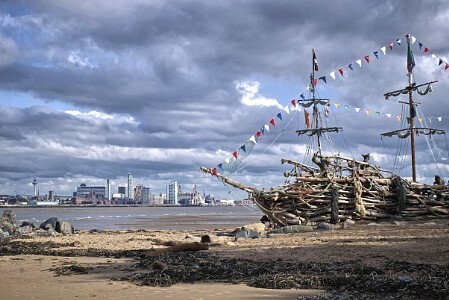 A recreation of a sailing ship on New Brighton beach.